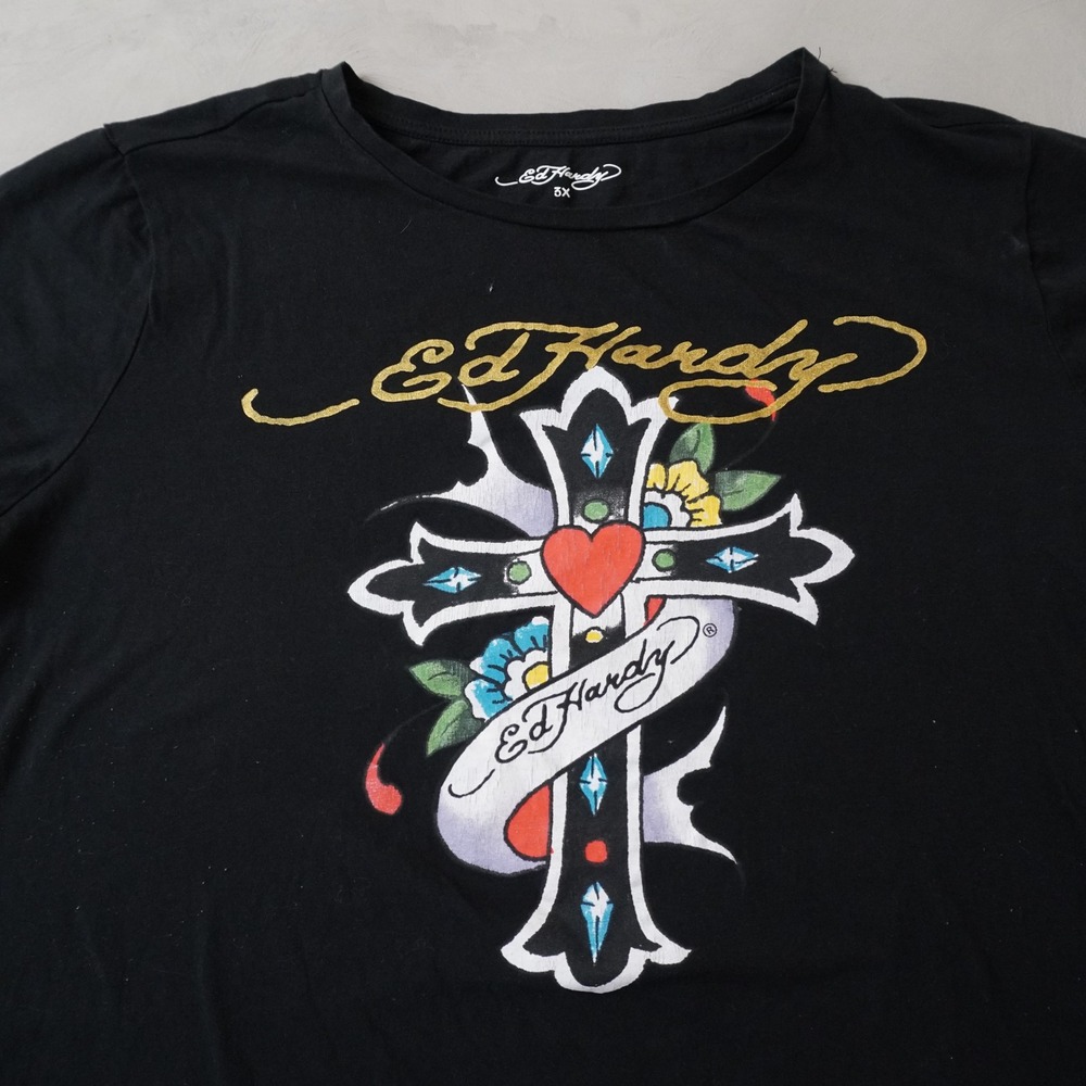 Ed Hardy Graphic T-Shirt 3X Womens Black Cross Heart Tattoo Y2K Style - Picture 3 of 8